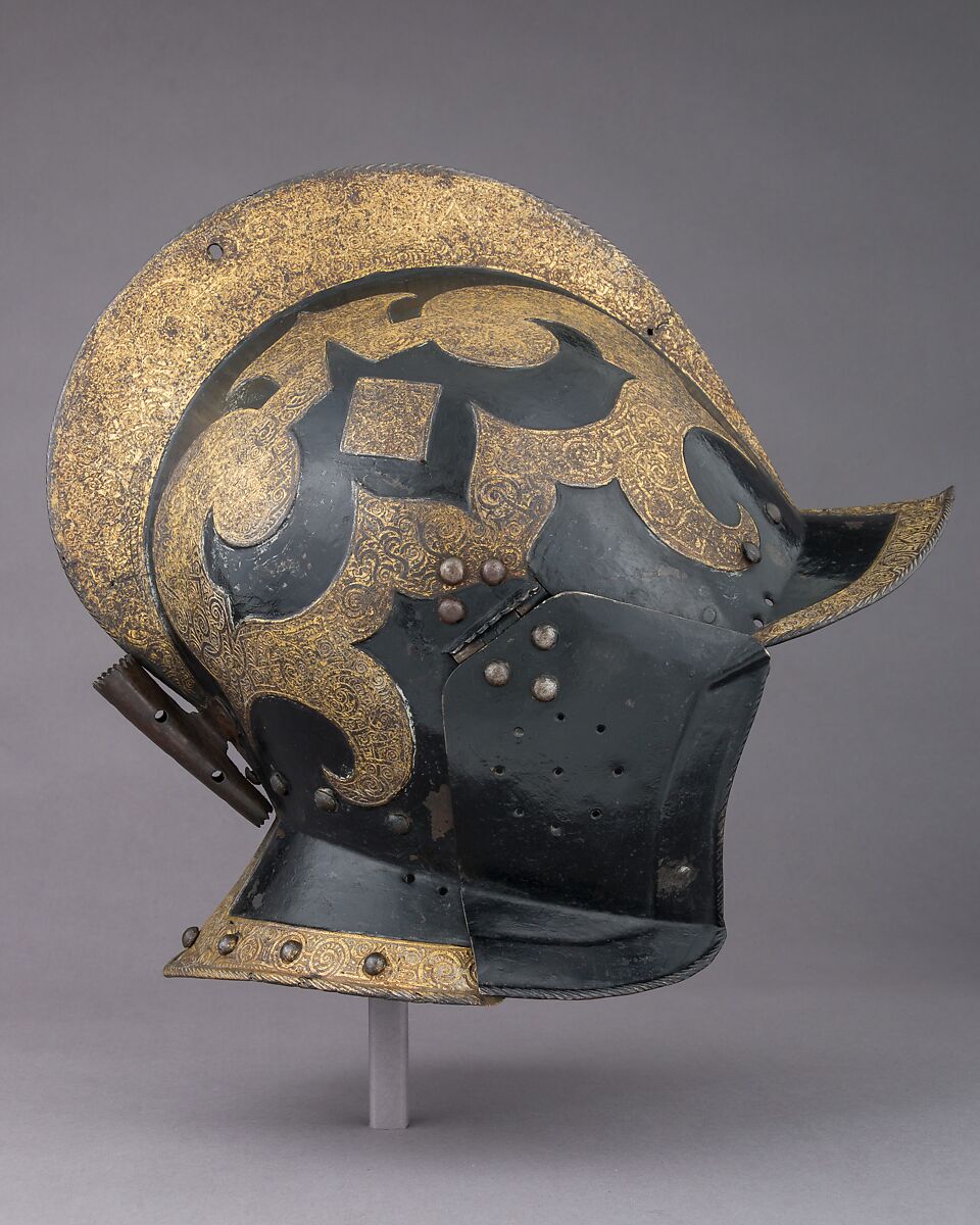 Burgonet, Steel, gold, pigment, leather, German, Saxon 