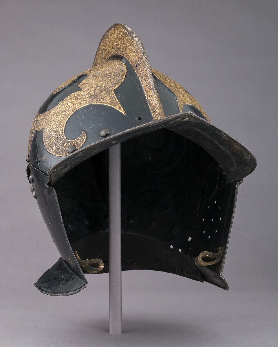 Burgonet, Steel, gold, pigment, leather, German, Saxon