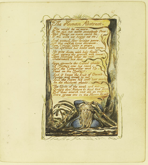 Songs of Experience: The Human Abstract, William Blake (British, London 1757–1827 London), Relief etching printed in orange-brown ink and hand-colored with watercolor and shell gold