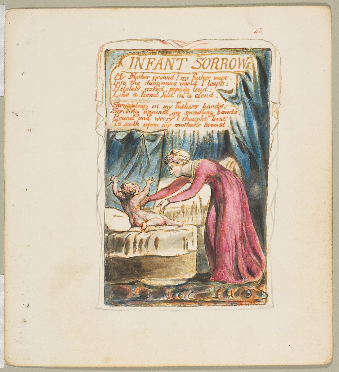 Songs of Experience: Infant Sorrow, William Blake (British, London 1757–1827 London), Relief etching printed in orange-brown ink and hand-colored with watercolor and shell gold 