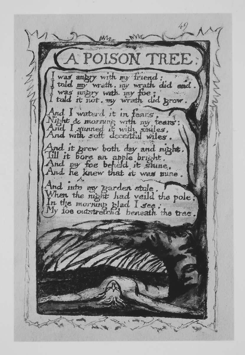 Songs of Experience: A Poison Tree, William Blake (British, London 1757–1827 London), Relief etching printed in orange-brown ink and hand-colored with watercolor and shell gold