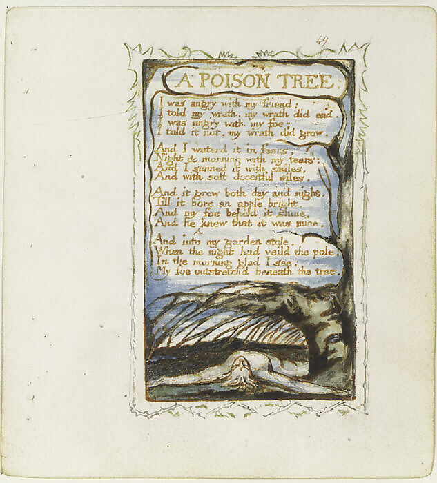 Songs of Experience: A Poison Tree, William Blake (British, London 1757–1827 London), Relief etching printed in orange-brown ink and hand-colored with watercolor and shell gold