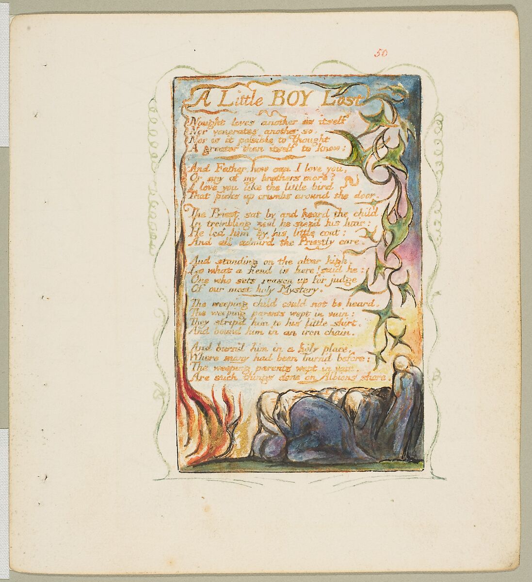 Songs of Experience: A Little Boy Lost, William Blake (British, London 1757–1827 London), Relief etching printed in orange-brown ink and hand-colored with watercolor and shell gold 