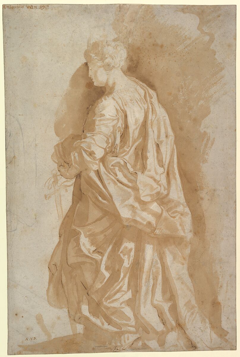 Study of a Standing Female Saint, Circle of Peter Paul Rubens (Flemish, Siegen 1577–1640 Antwerp), Brush and light brown wash, over a little black chalk, on light grayish paper; certain contours reinforced in pen and dark brown ink 