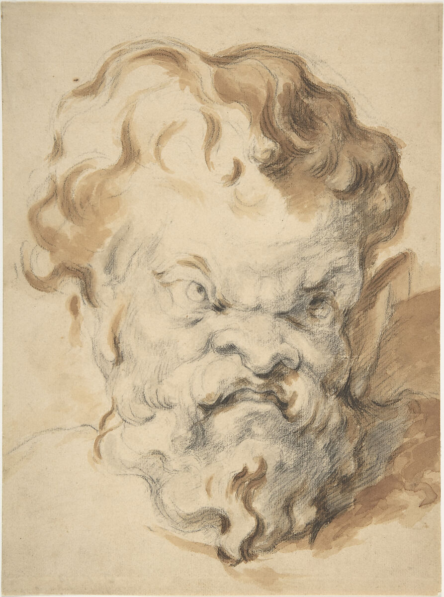 Head of Silenus, Paul Cézanne (French, Aix-en-Provence 1839–1906 Aix-en-Provence), Black chalk, brush and light brown wash