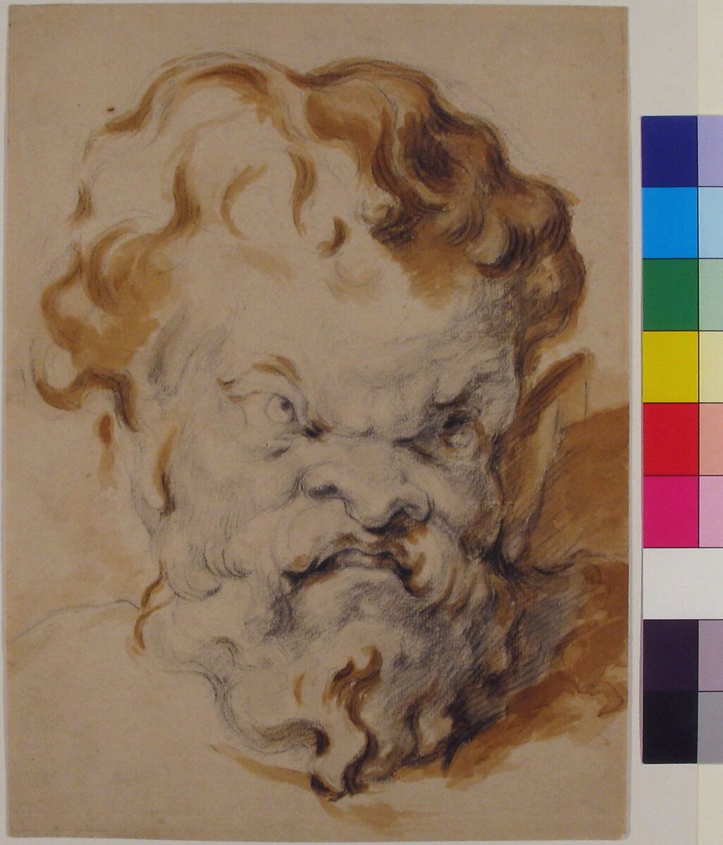 Head of Silenus, Paul Cézanne (French, Aix-en-Provence 1839–1906 Aix-en-Provence), Black chalk, brush and light brown wash