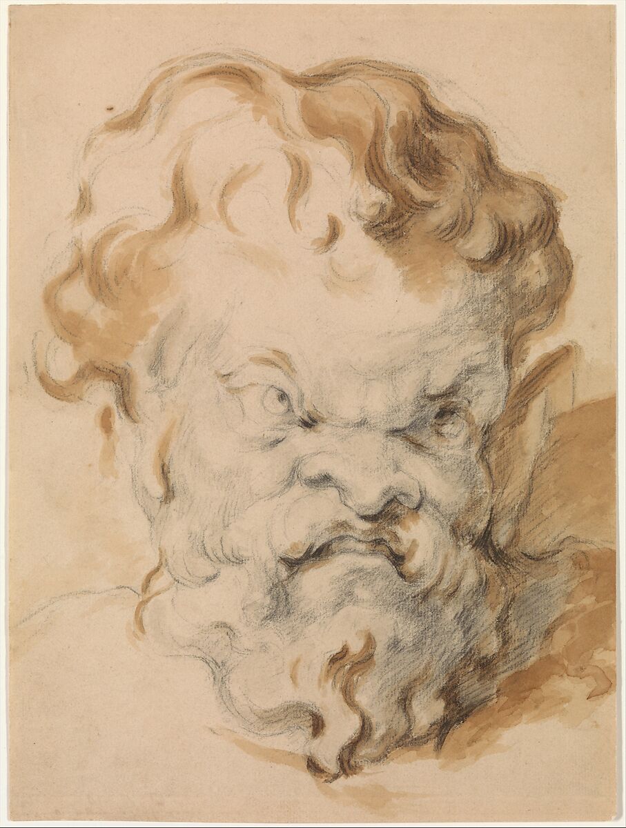 Head of Silenus, Paul Cézanne (French, Aix-en-Provence 1839–1906 Aix-en-Provence), Black chalk, brush and light brown wash 