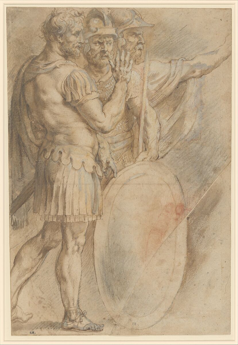 Three Warriors after Raphael, Anonymous, Italian, 16th century, Pen and brown ink, brush and brown wash, over black and red chalk, light brown and gray oil paint