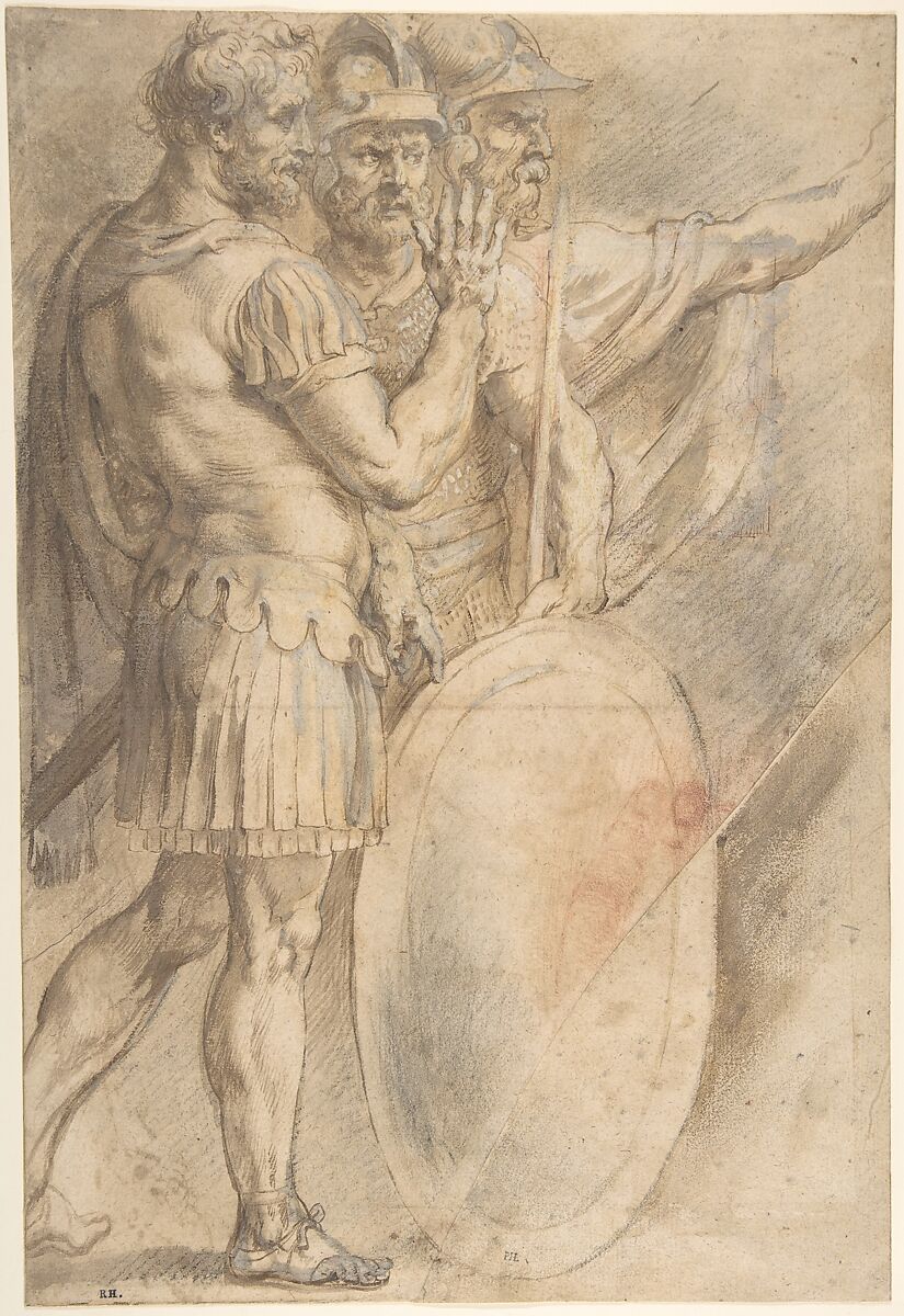 Three Warriors after Raphael, Anonymous, Italian, 16th century  Italian, Pen and brown ink, brush and brown wash, over black and red chalk, light brown and gray oil paint