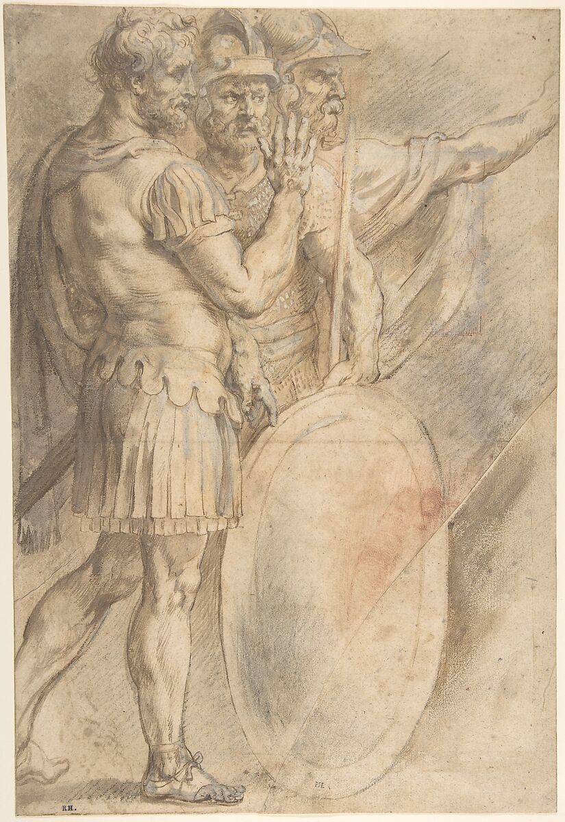 Three Warriors after Raphael, Anonymous, Italian, 16th century, Pen and brown ink, brush and brown wash, over black and red chalk, light brown and gray oil paint 