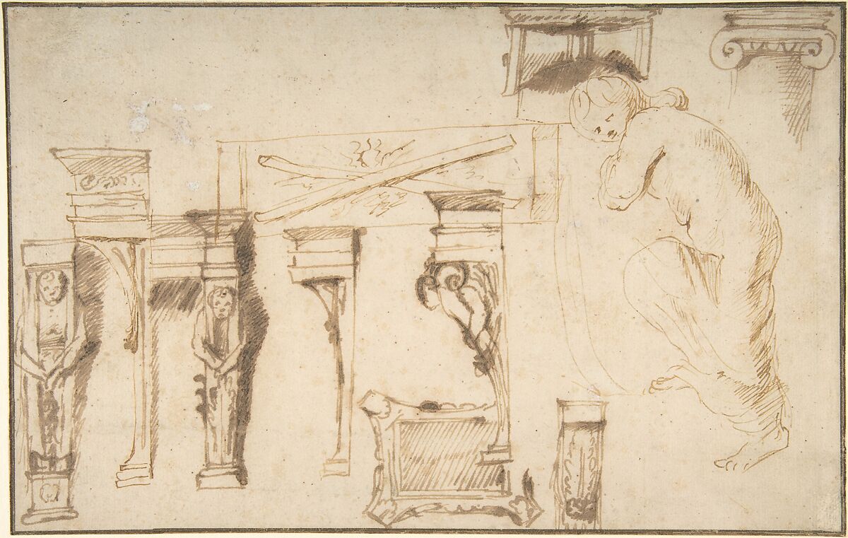Design for a Chimney Place and Study of a Nude Female Figure, Anonymous, Flemish, 17th century, Pen and brown ink; framing lines in pen and brown ink 