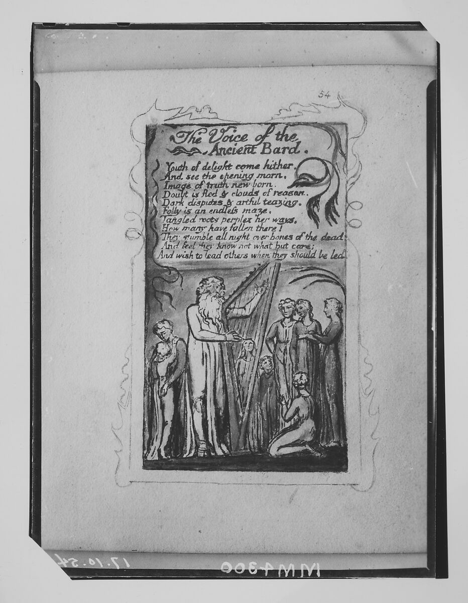 Songs of Experience: The Voice of the Ancient Bard, William Blake (British, London 1757–1827 London), Relief etching printed in orange-brown ink and hand-colored with watercolor and shell gold