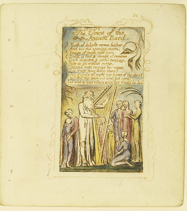 Songs of Experience: The Voice of the Ancient Bard, William Blake (British, London 1757–1827 London), Relief etching printed in orange-brown ink and hand-colored with watercolor and shell gold