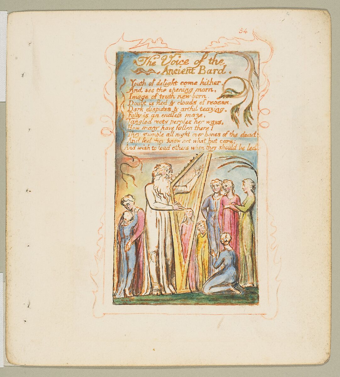 Songs of Experience: The Voice of the Ancient Bard, William Blake (British, London 1757–1827 London), Relief etching printed in orange-brown ink and hand-colored with watercolor and shell gold 