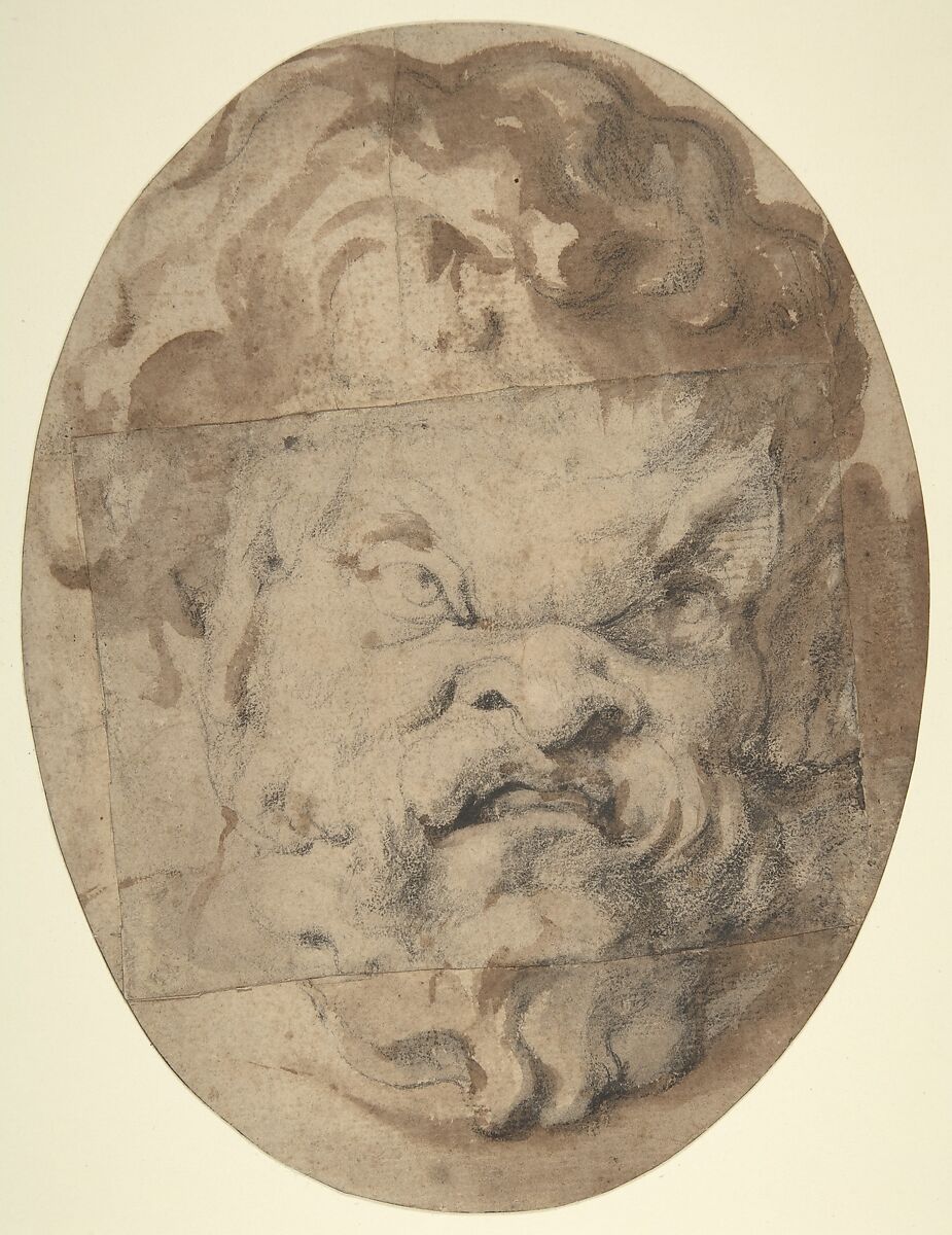 Head of a Satyr (Silenus), Attributed to Peter Paul Rubens (Flemish, Siegen 1577–1640 Antwerp), Black chalk and brush and brown wash 