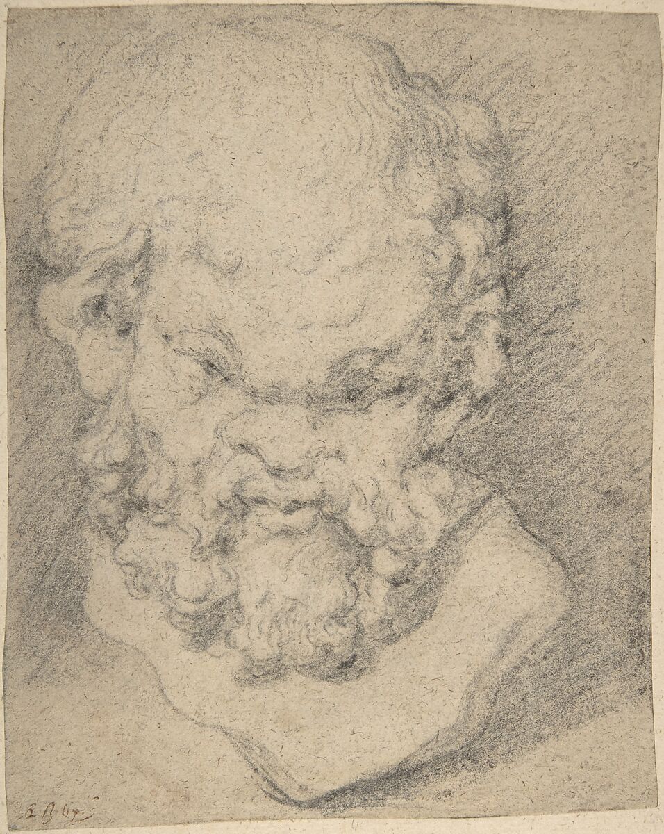 Head of Silenus, Circle of Peter Paul Rubens (Flemish, Siegen 1577–1640 Antwerp), Black chalk on light brown paper 