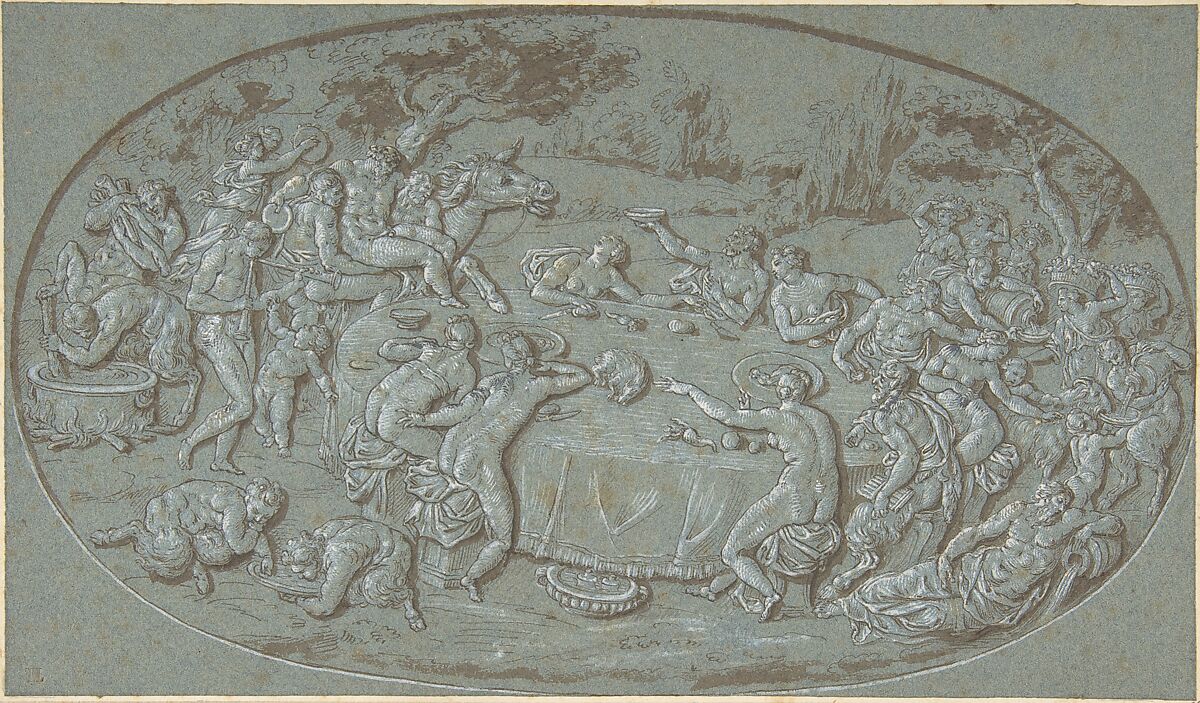 King Midas Feasting At The Arrival of Silenus, Circle of Bernard Picart (French, Paris 1673–1733 Amsterdam) (?), Pen and brown ink, brown wash, heightened with white (slightly oxidized) on blue paper 