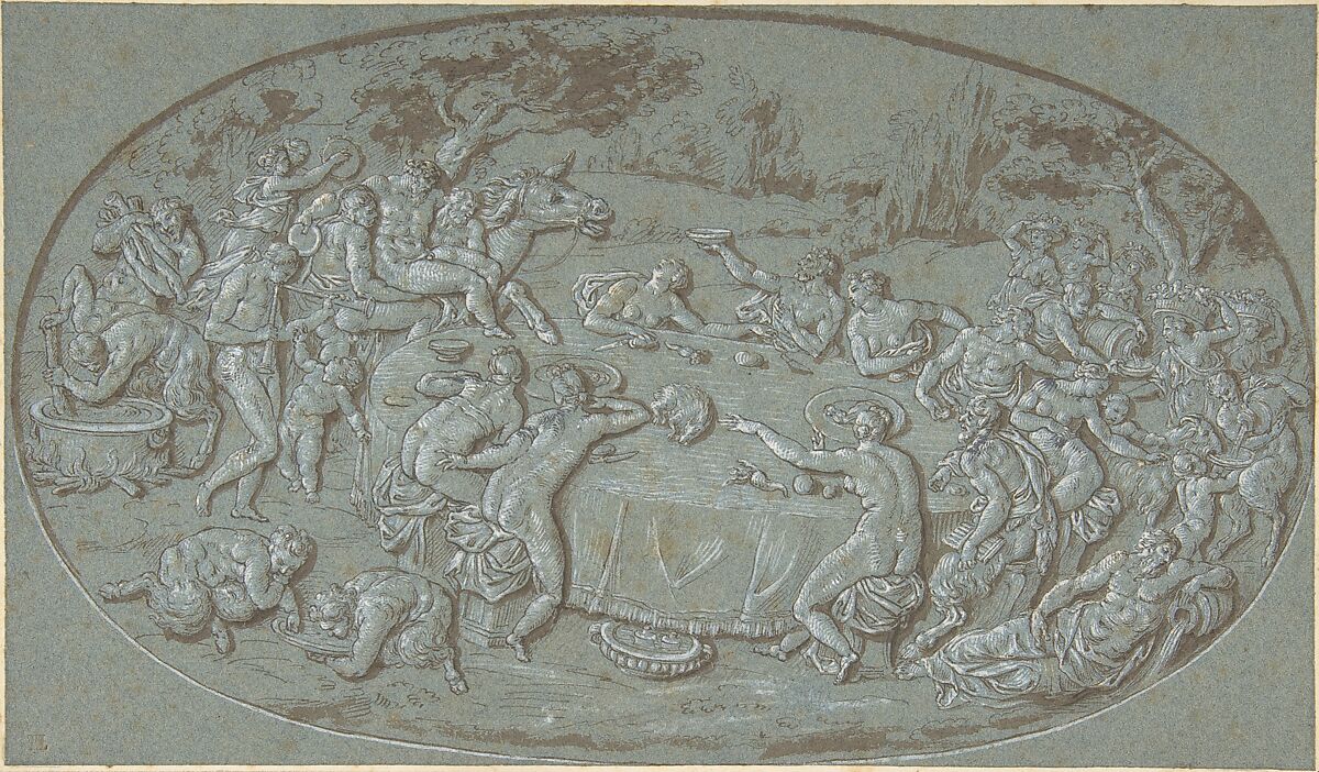 King Midas Feasting At The Arrival of Silenus, Circle of Bernard Picart (French, Paris 1673–1733 Amsterdam) (?), Pen and brown ink, brown wash, heightened with white (slightly oxidized) on blue paper