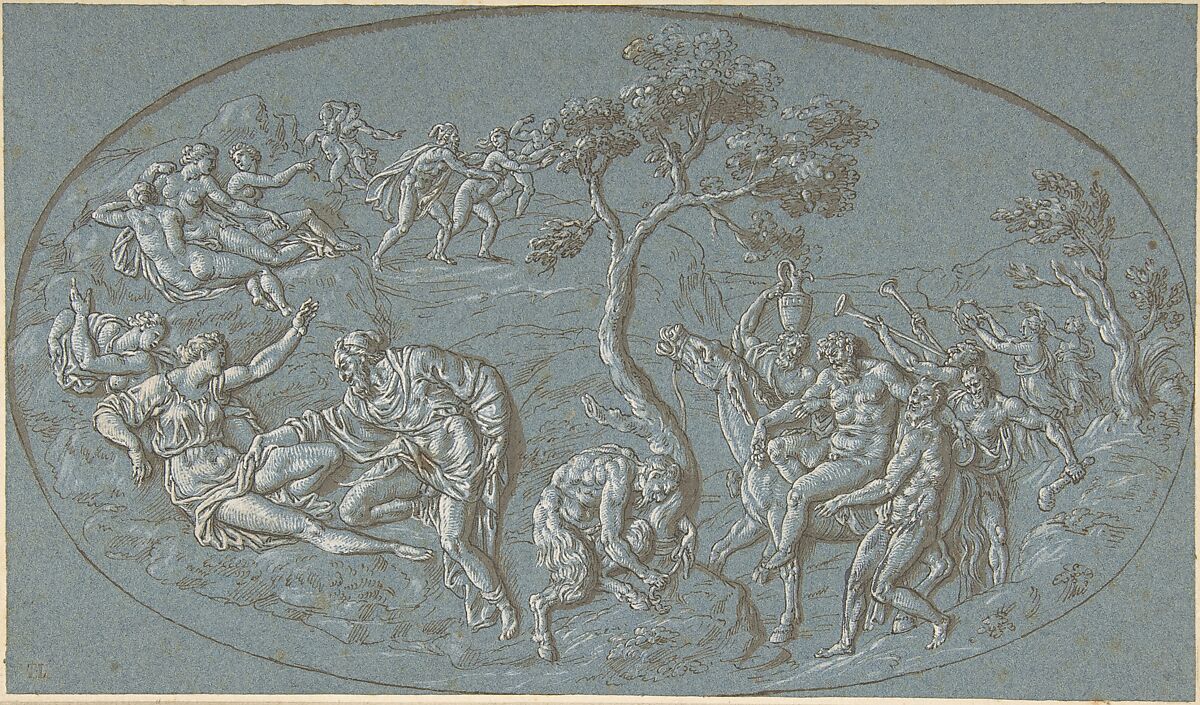 Nymphs And Satyrs, Circle of Bernard Picart (French, Paris 1673–1733 Amsterdam) (?), Pen and brown ink, brush and brown wash, heightened with white (slightly oxidized) on blue paper 