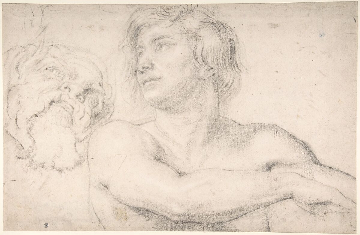 Half-Figure of a Nude Man Facing Left, Head of a Satyr, Circle of Peter Paul Rubens (Flemish, Siegen 1577–1640 Antwerp), Black chalk, heightened with white 