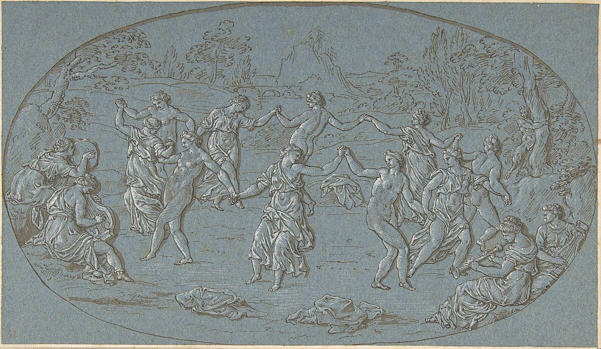 Dancing Nymphs in a Glade, Circle of Bernard Picart (French, Paris 1673–1733 Amsterdam) (?), Pen and brown ink, brush and brown wash, heightened with white, on blue paper 