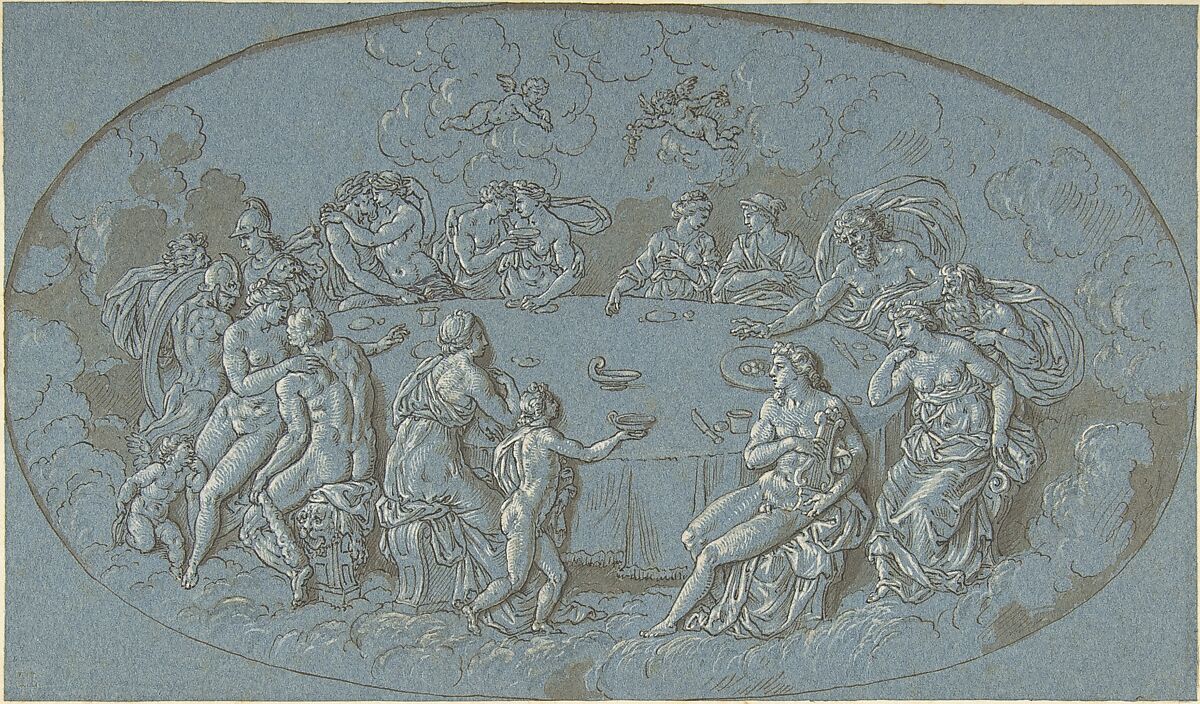 Feast of the Gods, Circle of Bernard Picart (French, Paris 1673–1733 Amsterdam) (?), Pen and brown ink, brush and brown wash, heightened with white, on blue paper 