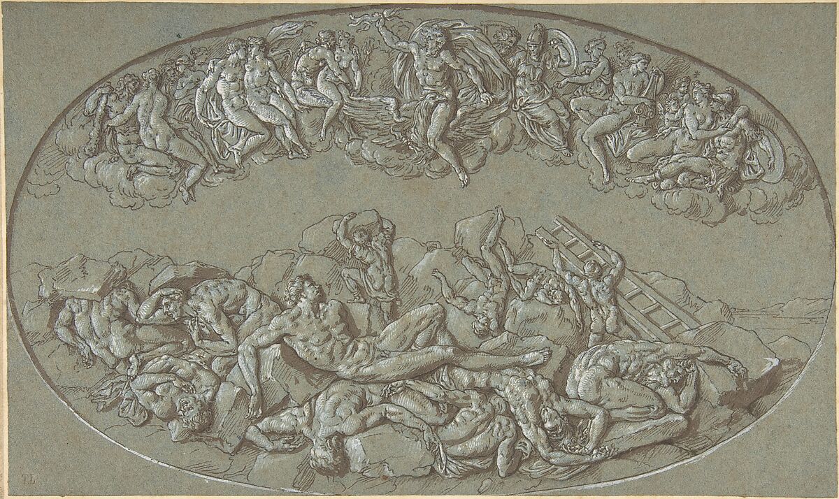 Fall of the Giants, Circle of Bernard Picart (French, Paris 1673–1733 Amsterdam) (?), Pen and brown ink, brown wash, heightened with white, on blue paper 