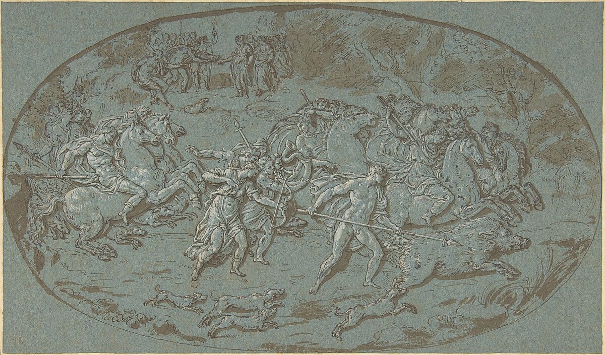 Hunt of the Calydonian Boar, Circle of Bernard Picart (French, Paris 1673–1733 Amsterdam) (?), Pen and brown ink, brown wash, heightened with white, on blue paper 