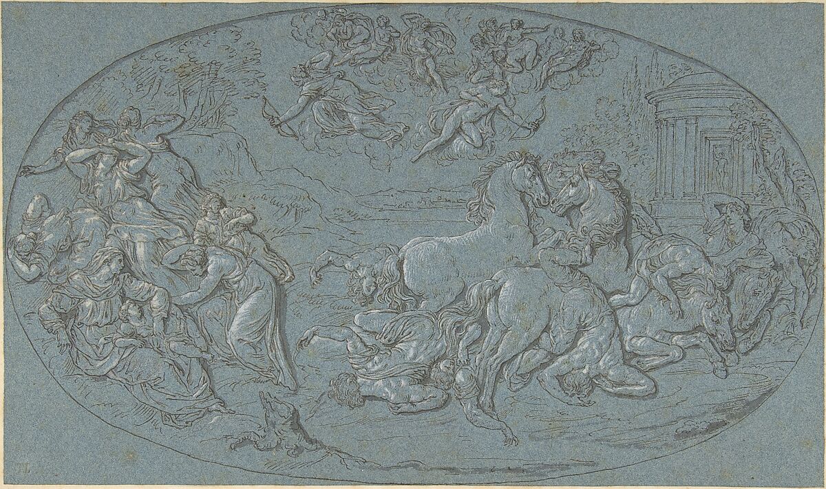 Death of Niobe and Her Children, Circle of Bernard Picart (French, Paris 1673–1733 Amsterdam) (?), Pen and brown ink, brush and brown wash, heightened with white on blue paper. Later retouched with brush and gray ink 