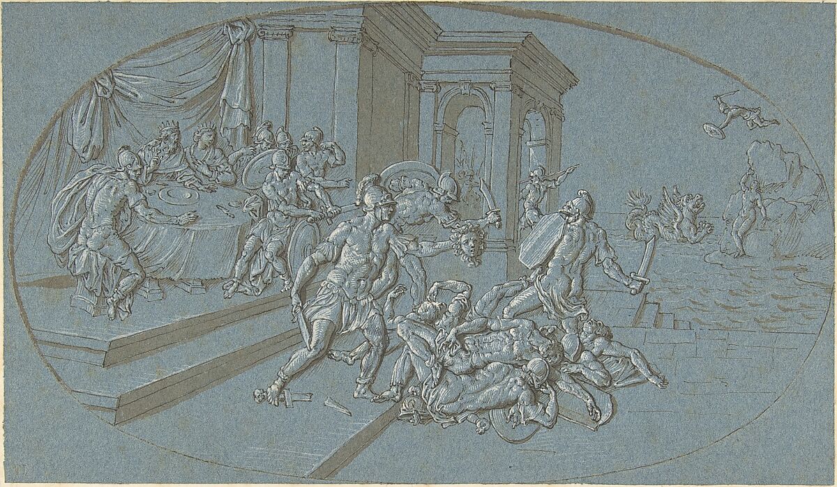 Fight Between Perseus And Phineus in the Palace of Cephus, Circle of Bernard Picart (French, Paris 1673–1733 Amsterdam) (?), Pen and brown ink, brown wash, heightened with white on blue paper 