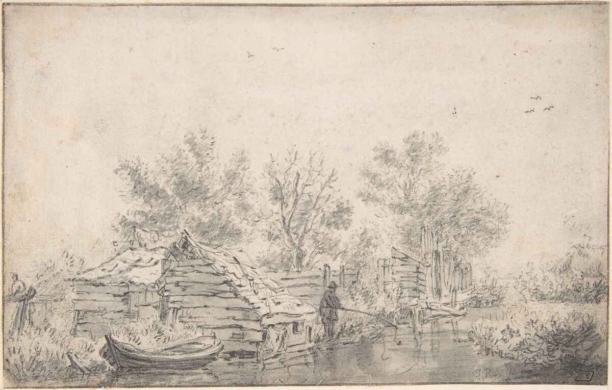 Canal Landscape with a Fisherman, Attributed to Jacob van Ruisdael (Dutch, Haarlem 1628/29–1682 Amsterdam), Black chalk, brush and gray wash; framing lines in pen and brown ink 