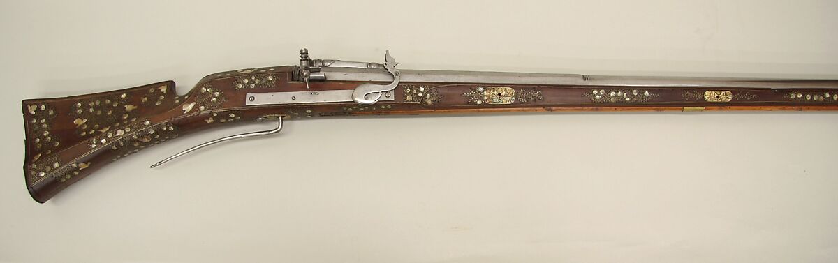 Matchlock Gun, Steel, wood (walnut, red beech), latten, bone, mother-of-pearl, brass, German 