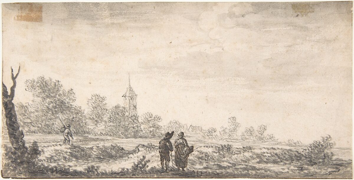 Landscape with Two Figures Conversing, Attributed to Salomon van Ruysdael (Dutch, Naarden, born ca. 1600–1603, died 1670 Haarlem), Black chalk, brush and gray wash, some black and brown ink. Traces of framing line in pen & brown ink. 