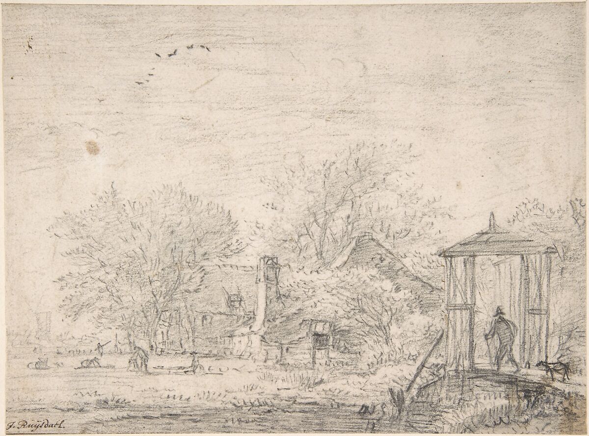 House among Trees, at Right Man and Dog on a Footbridge, Jacob van Ruisdael (Dutch, Haarlem 1628/29–1682 Amsterdam), Black chalk 