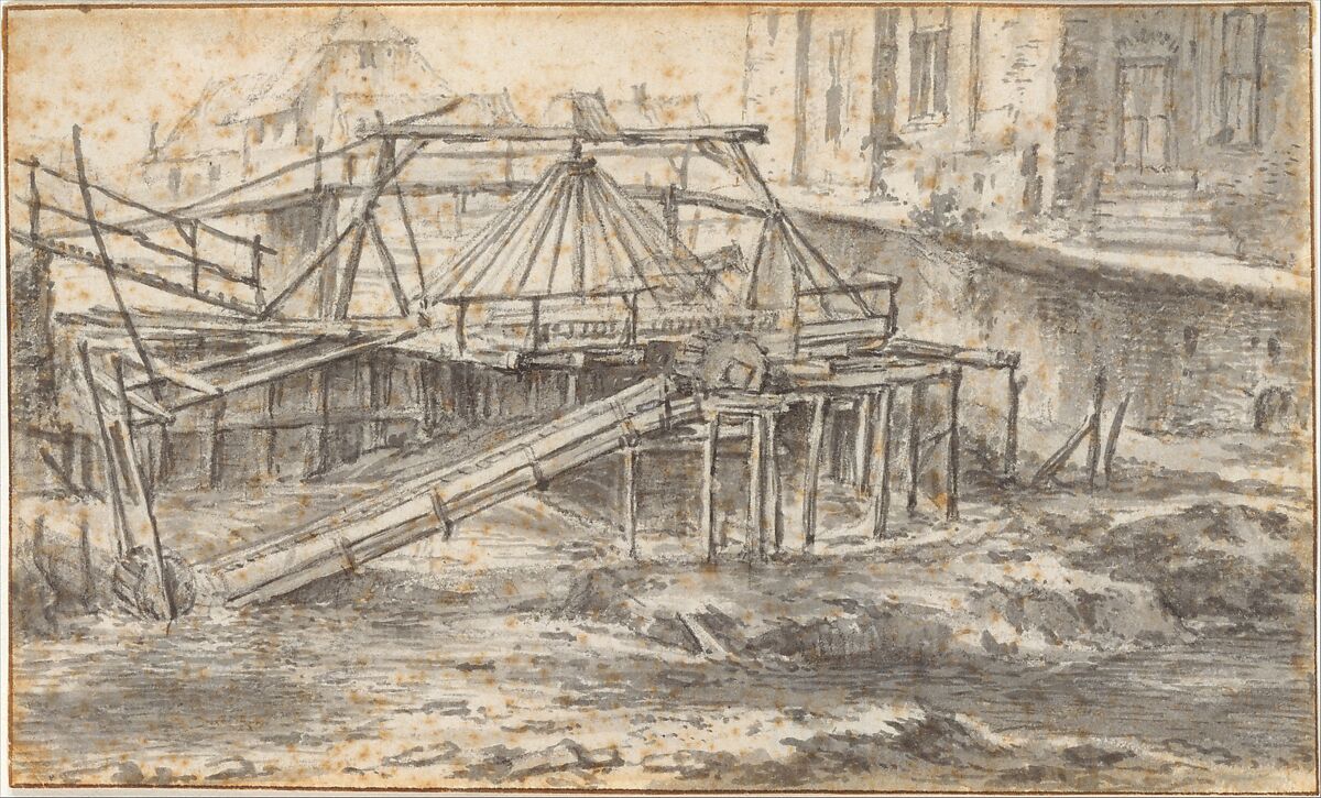 Dredging a Canal, Jacob van Ruisdael (Dutch, Haarlem 1628/29–1682 Amsterdam), Pen and black ink over black chalk, brush and gray wash; framing lines in pen and brown ink