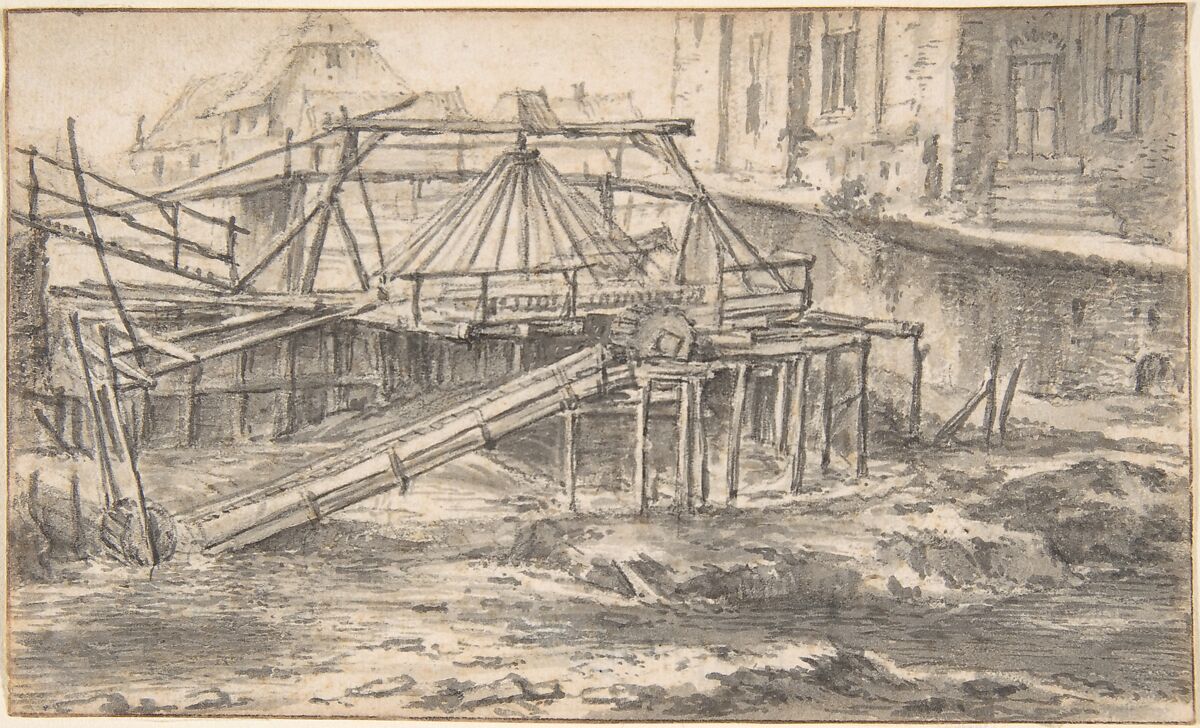 Dredging a Canal, Jacob van Ruisdael (Dutch, Haarlem 1628/29–1682 Amsterdam), Pen and black ink over black chalk, brush and gray wash; framing lines in pen and brown ink 