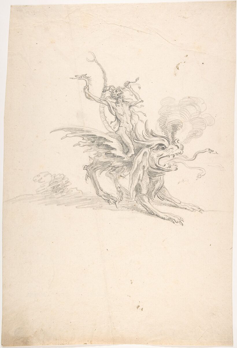 A Fury Riding on a Monster, Anonymous, Dutch, 18th century, Black chalk and graphite 