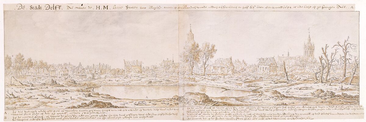 View of Delft after the Explosion of the Gunpowder Arsenal on October 12, 1654, Herman Saftleven II (Dutch, Rotterdam 1609–1685 Utrecht), Black chalk, pen and brown ink, brush and brown wash on two sheets of paper 