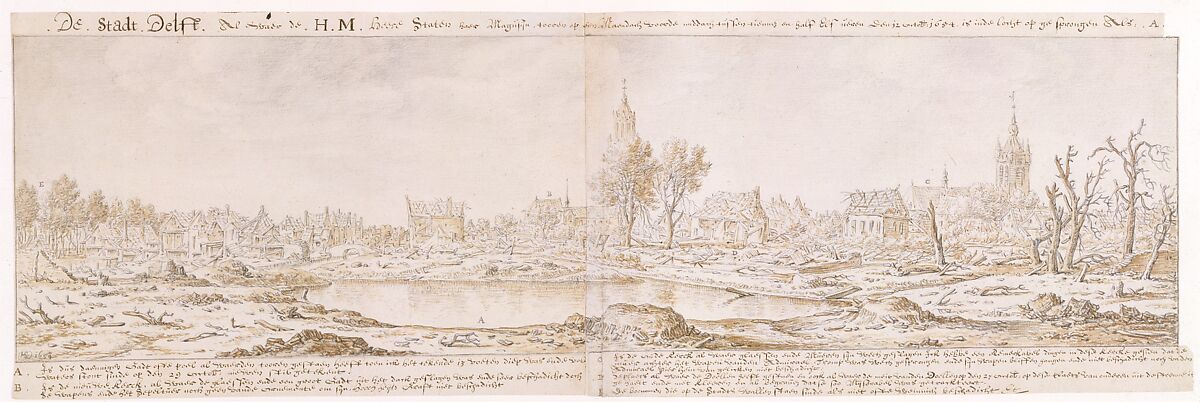 View of Delft after the Explosion of the Gunpowder Arsenal on October 12, 1654, Herman Saftleven II  Dutch, Black chalk, pen and brown ink, brush and brown wash on two sheets of paper