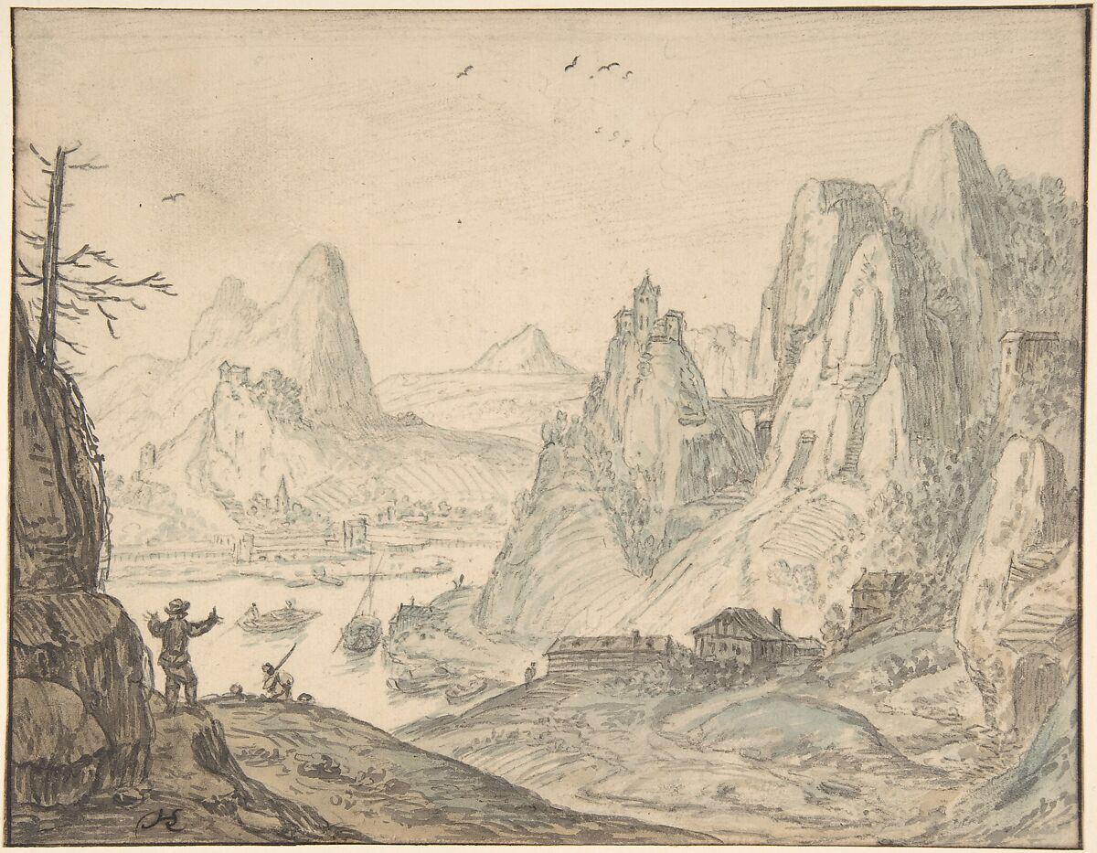 River Landscape with Mountains, Herman Saftleven II (Dutch, Rotterdam 1609–1685 Utrecht), Black chalk, black, brown and blue wash 