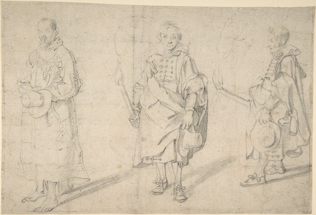 Study of Figures: an Old Man Holding a Hat and Facing Forwards, and a Young Man Holding a Torch and a Hat, seen from both the Front and Left Sides; Verso: Study of a Head, Antoine Sallaert (Flemish, Brussels ca. 1580/85–1650 Brussels), Black chalk 