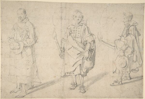 Study of Figures: an Old Man Holding a Hat and Facing Forwards, and a Young Man Holding a Torch and a Hat, seen from both the Front and Left Sides; Verso: Study of a Head