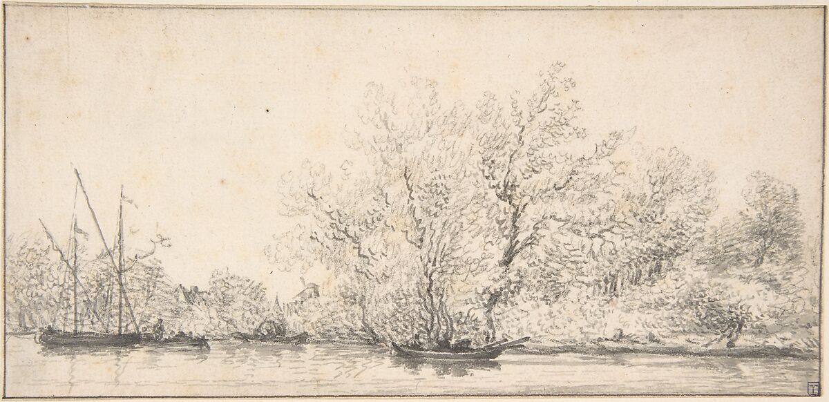 River Scene with Boats before a densely Wooded Bank, Attributed to Salomon van Ruysdael (Dutch, Naarden, born ca. 1600–1603, died 1670 Haarlem), Black chalk and gray wash, pen and black ink. Framing line in pen & black ink. 