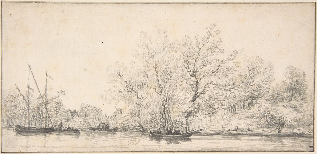 River Scene with Boats before a densely Wooded Bank