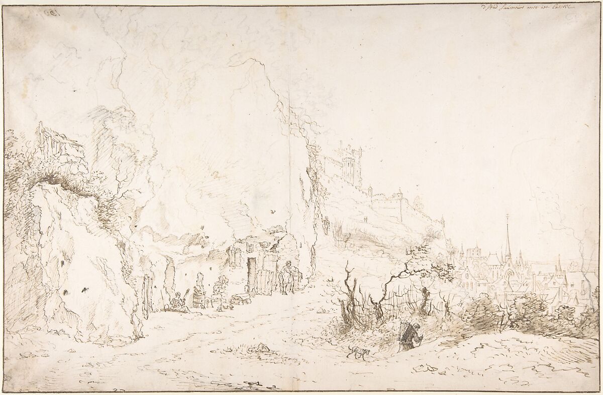 View of Saumur, Willem Schellinks (Dutch, Amsterdam 1623–1678 Amsterdam), Pen and brown ink, brush and brown wash, over black chalk; framing lines in pen and brown ink 