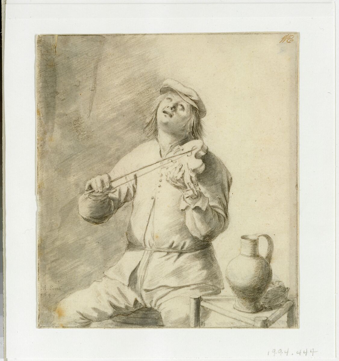 Man Playing The Violin, Hendrick Sorgh (Dutch, Rotterdam 1609/11–1670 Rotterdam), Black chalk, brush and gray wash