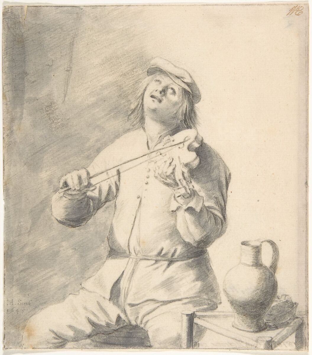 Man Playing The Violin, Hendrick Sorgh (Dutch, Rotterdam 1609/11–1670 Rotterdam), Black chalk, brush and gray wash 