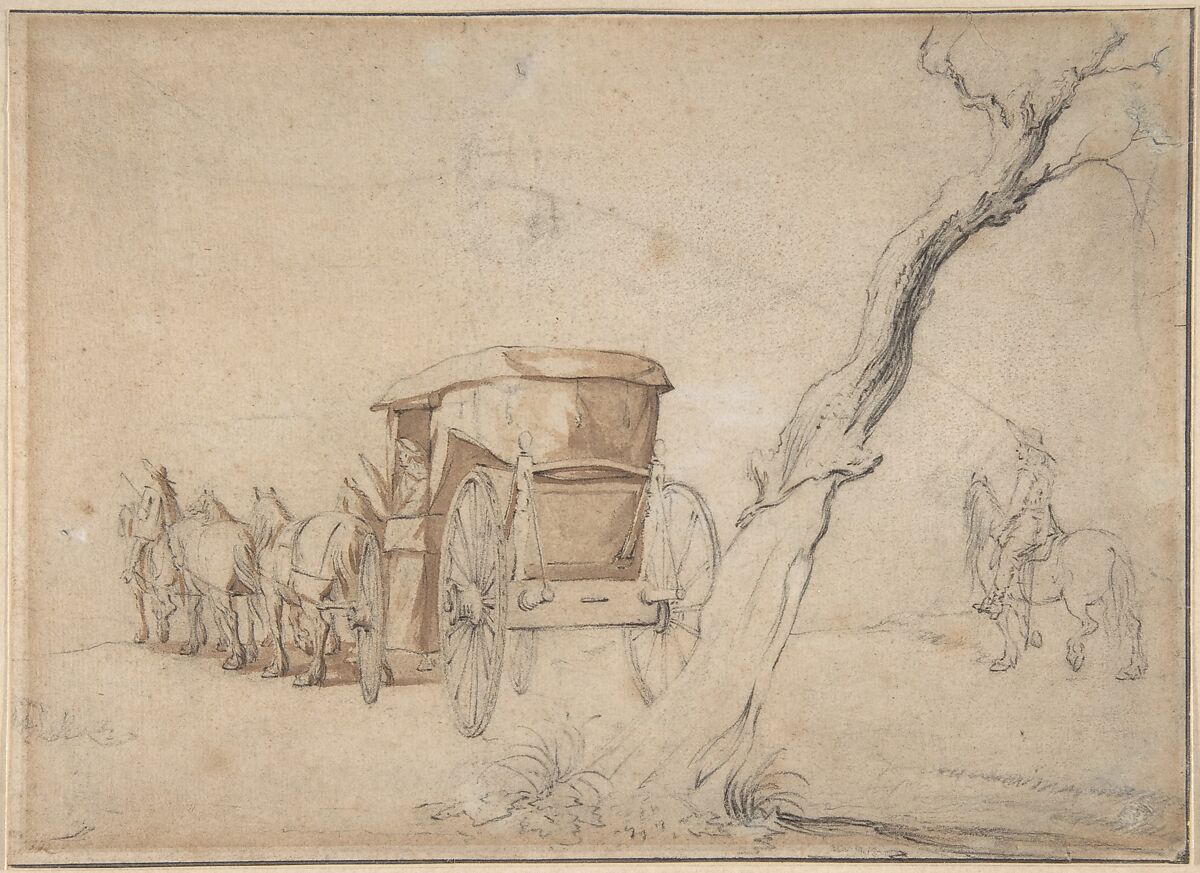 Carriage In A Landscape, Gerard ter Borch the Younger (Dutch, Zwolle 1617–1681 Deventer), Black chalk, brush and brown wash 