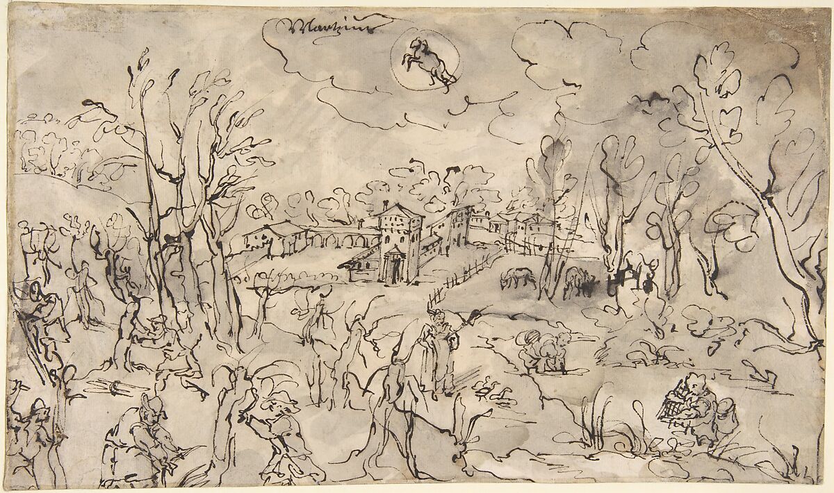 Landscape with Figures Trimming Trees, an Allegory of the Month of March; Verso: Mountainous Landscape with Two Men Crossing a Bridge, Anonymous Netherlandish, Pen and brown ink, brush and gray wash, over traces of black chalk

Verso: pen and brown ink, brush and gray wash, over traces of black chalk, heightened with pinkish white bodycolor 