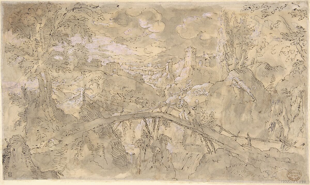 Landscape with Figures Trimming Trees, an Allegory of the Month of March; Verso: Mountainous Landscape with Two Men Crossing a Bridge, Anonymous Netherlandish, Pen and brown ink, brush and gray wash, over traces of black chalk

Verso: pen and brown ink, brush and gray wash, over traces of black chalk, heightened with pinkish white bodycolor